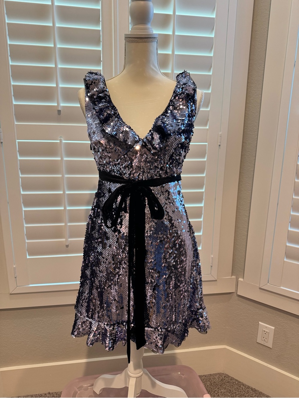 Free People Silver Sequin Mini Dress with Black Velvet Tie